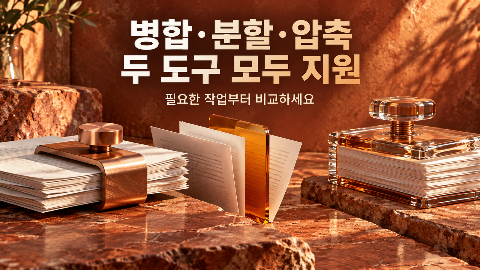 구리 클램프와 유리 압축기로 표현한 PDF 병합·분할·압축 공통 기능