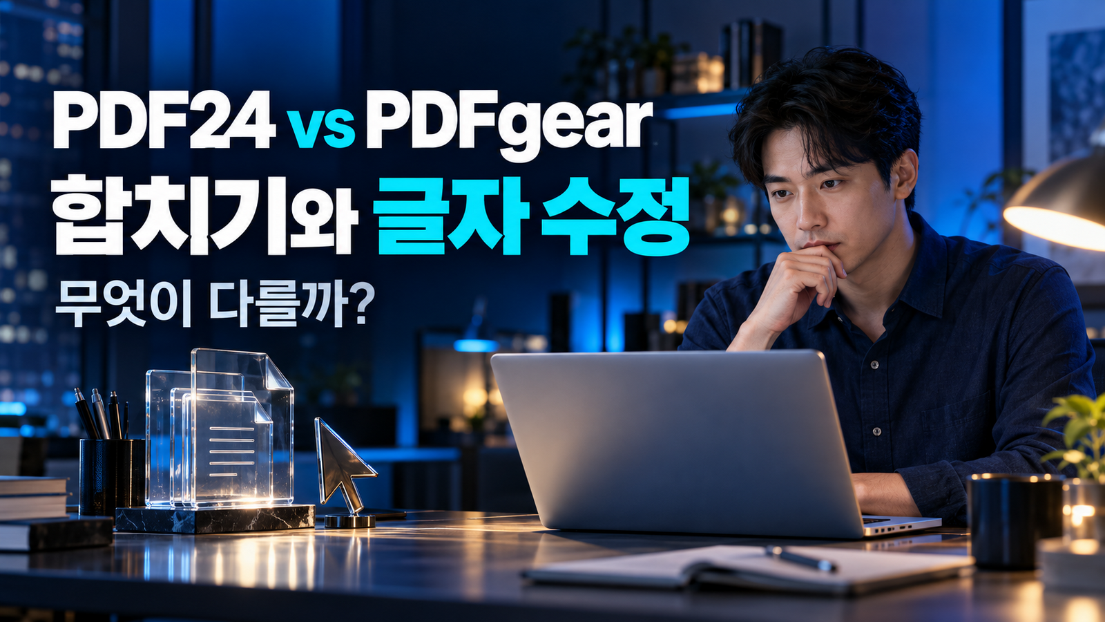 한국인 직장인과 노트북으로 표현한 PDF24와 PDFgear의 병합 및 텍스트 수정 비교